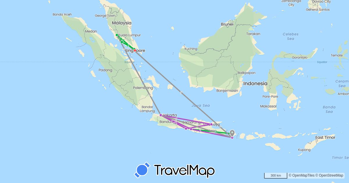 TravelMap itinerary: driving, bus, plane, train, hiking in Indonesia, Malaysia, Singapore (Asia)